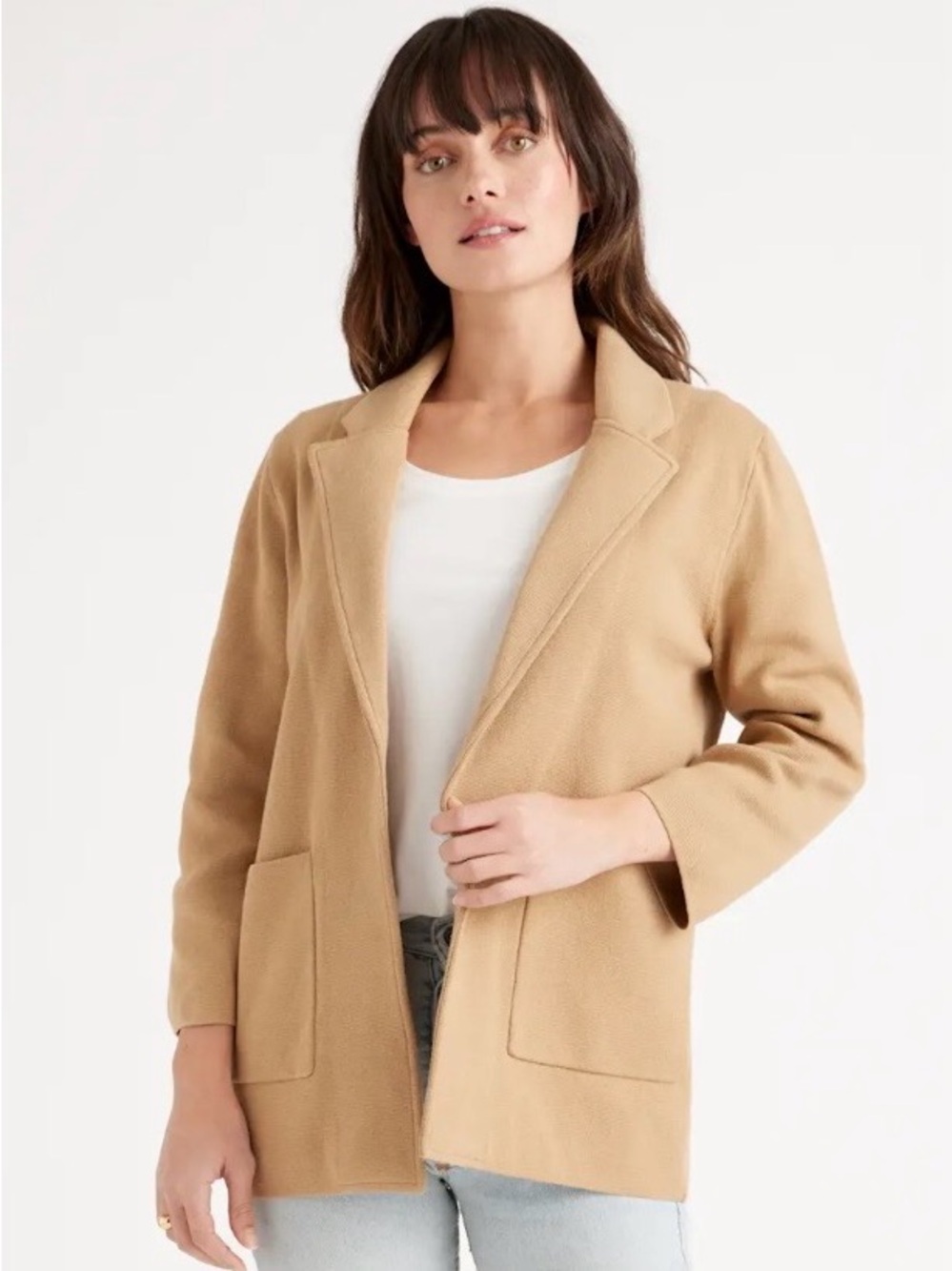Quince 100% Organic Cotton Knit Blazer Camel Small S Soft Structured Cardigan